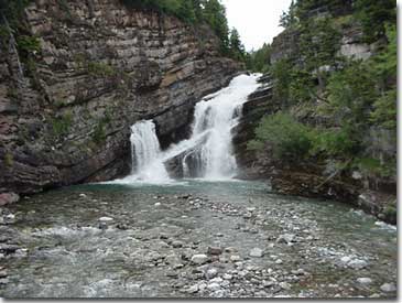 Cameron Falls in Waterton Lakes National Park exposes some of the oldest rock in the Canadian Rocky Mountains.